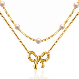 Gold Bow Double-layer Stacked Pearl Choker Necklace for Women, Elegant Pearl Drop Necklace with Stainless Steel Bow Pendant, Adjustable Chain & Gift Box, 41-50cm, Metal, No Gemstone