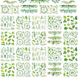 24 Sheets Rub on Transfers Flower Decor Stickers for Furniture Plant Scrapbook Stickers Vintage Waterproof Iron on Transfers Decals for DIY Crafts Wood Furniture Decor, 5.9 x 5.9 Inch (Green Leaves)