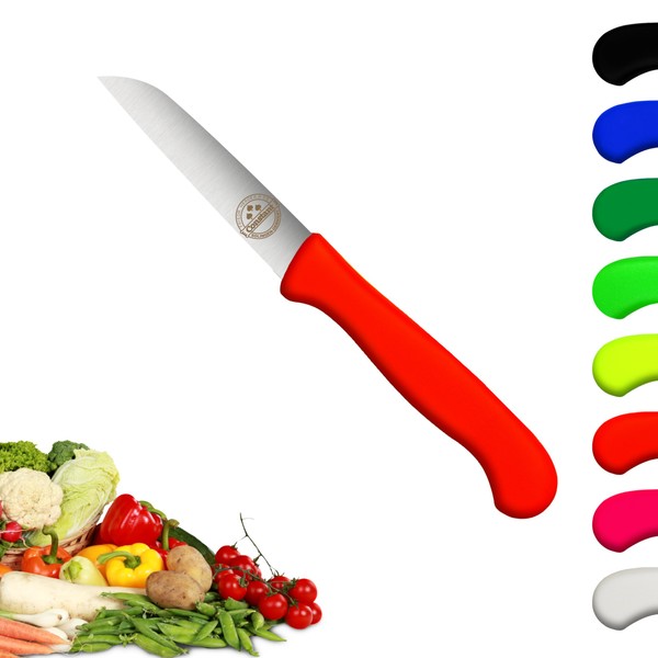 Solingen Knife, Plastic Handle - Neon Red, Premium Vegetable Knife, Stainless Blade, Chrome Steel, Extra Sharp Kitchen Knife, Thin Cut & Hand Pull, Made in Germany