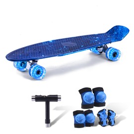 Kids Skateboard Set with Light-Up Wheels–Complete Beginner Kit Includes Full Protective Gear & Skate Tool–Ideal for Boys & Girls,Blue Galaxy 27"