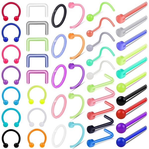 ONESING 45 Pcs Septum Retainer 20G Septum Rings for Surgery Bioflex Piercing Retainer Colorful Nose Rings Septum Eyebrow Lip Cartilage Tragus Earring Plastic piercing jewelry