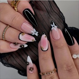 Almond Flower Press on Nails Medium Fake Nails Black White French False Nail Tips 3D Gold Beads Exquisite Design Glue on Nails Full Cover Artificial Nails Medium Stick on Nails for Women 24Pcs