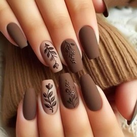 ONPRESS 24 Uñas Postizas Medianas Cuadradas Con Degradado Marrón Y Hojas, Diseño Otoño/Invierno Con Flores, Cobertura Completa, Acabado Mate, Estilo A