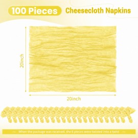 100 Pack Yellow Cheesecloth Napkins 20x20 Inch Cloth Napkins Bulk Rustic Boho Gauze Dinner Napkin Cloth Washable Table Napkin for Wedding Party Bridal Baby Shower Table Decor