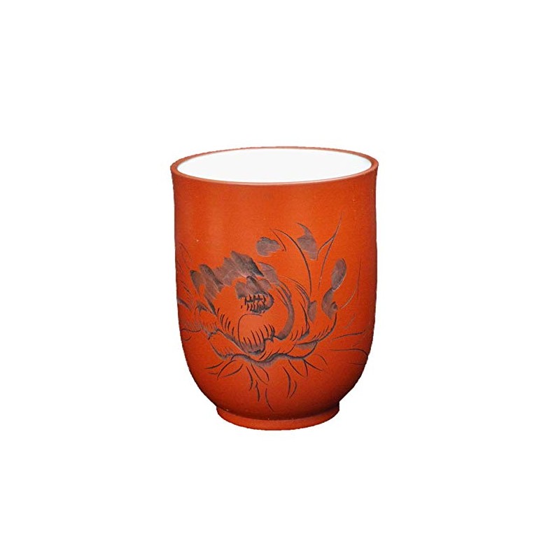 Tokoname Ware Shaved Flower Teacup (Japanese Tableware, Vermilion, Mud, Tokoname