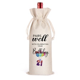 21st Birthday Wine Bag, 21st Birthday Gifts, 21 Years Old Gift Idea Wine Bag for Her Girl Friend, Sister, Birthday Party Supplies Decorations, Reusable Linen Drawstring Wine Bags (21 Birthday)