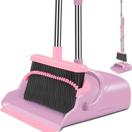 Broom and Dustpan Set for Home, Office, Indoor&Outdoor Sweeping, Stand Up Broom and Dustpan - Color: Pink