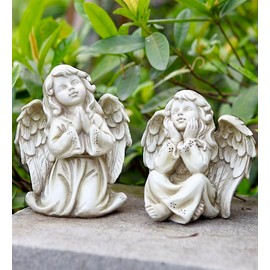 Napco Imports Sitting Praying Young Angels 5.5 Inch Stone Grey Resin Inspirational Figurines Set of 2