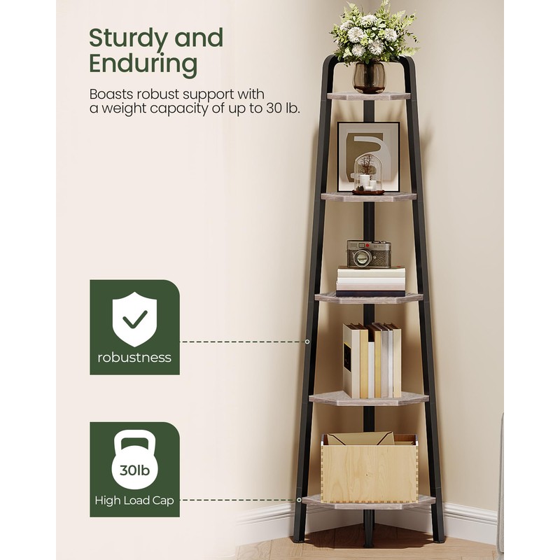 CHOEZON Corner Shelf, 5-Tier Ladder Corner Shelf, Ladder Bookshelf, 59.6"