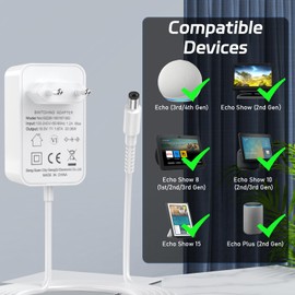 30W Power Supply for Echo (3rd/4th Gen), Alexa Echo Show 8, Echo Show 10, Echo Show 15, Echo Show 21, Echo Show (2nd Gen), Echo Plus (2nd Gen), 1.5 m Charging Cable, White