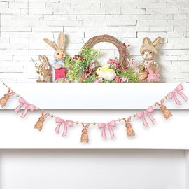 Guirnalda de madera con lazo de Pascua, guirnalda de madera con diseño de conejo, guirnalda colgante de cuentas bonitas, guirnalda rústica de granja, decoración de primavera para fiestas