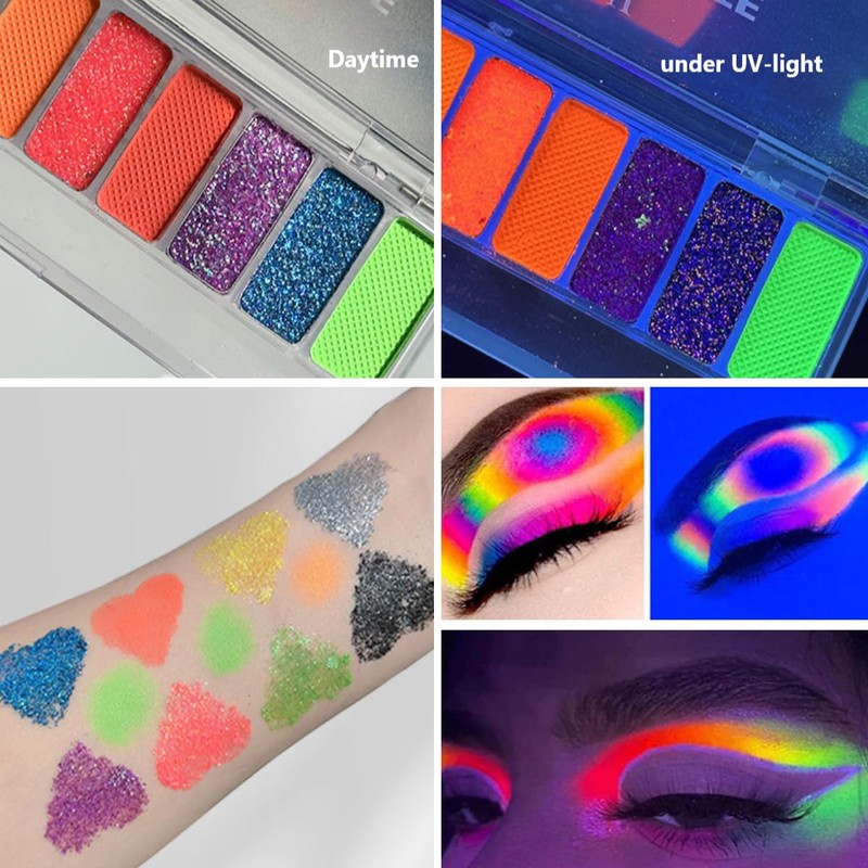 KARLOR 10 Color Fluorescent Eyeshadow, Glitter Luminous Neon UV Eyeshadow