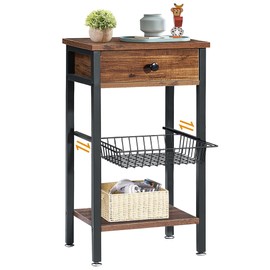 VECELO Tall Side End Table, Nightstands Shelf Storage Organizer with Pull-Out Metal Basket for Telephone Entryway/Living Room/Bedroom/Kitchen,Small Spaces,1 Set