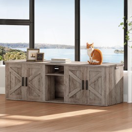 HOOBRO 58.3" Cat Litter Box Enclosure, Litter Box Furniture for 2 Cats, Cat House with Corridor, TV Stand with Storage, Double Litter Box Cabinet with Hooks, Wooden Cat Furniture, Greige BG15MW01