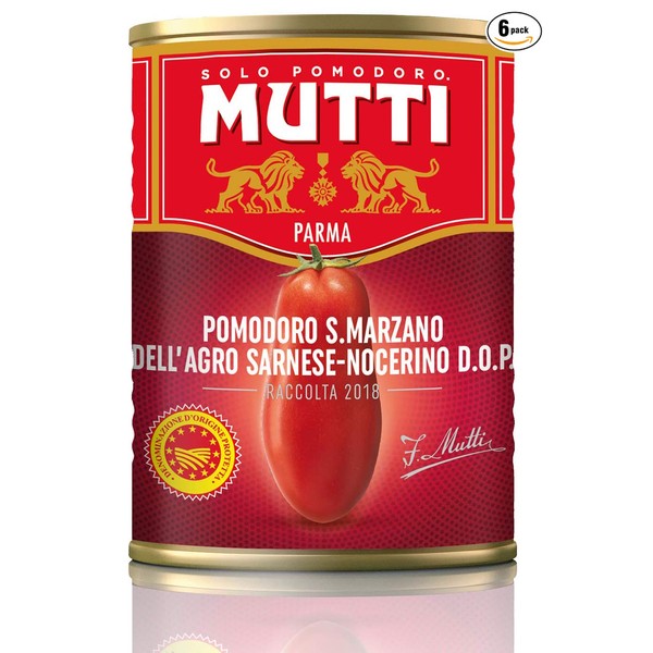 Mutti — 14 oz. 6 Pack of Whole Peeled San Marzano PDO Tomatoes (Pelati San Marzano) from Italy’s #1 Tomato Brand. Authentic San Marzanos featuring the official seal of the consortium.
