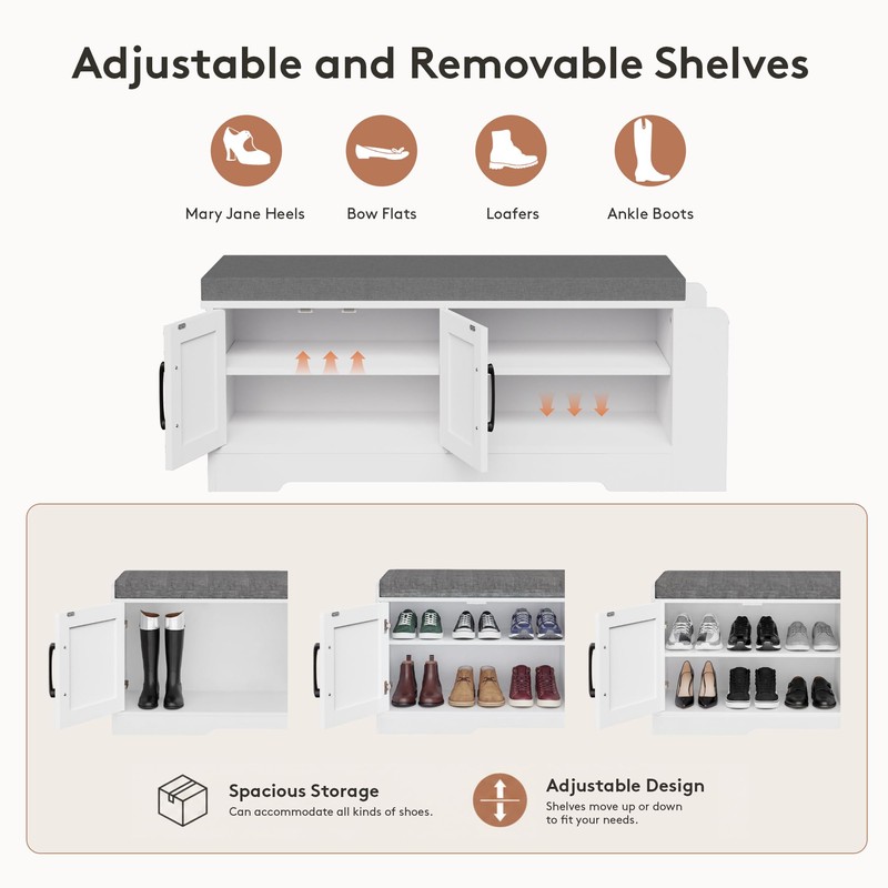 GRUSIGN 39.6" Shoe Storage Bench with Cushion, Entryway Shoe Cabinet,