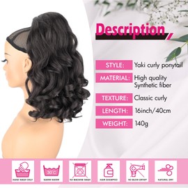 UAmy Hair Long Natural Black Drawstring Ponytail Extension for Black Women 18inch Loose Curly Ends Yaki Straight Drawstring Ponytail Synthetic Slight Kinky Straight Pony Tail Hairpieces for Daily Use