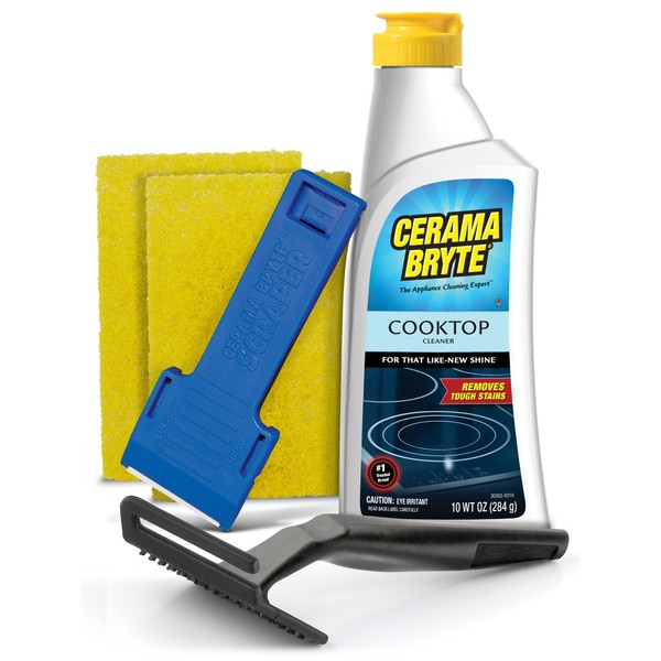 Cerama Bryte Combo Kit POW-R Grip, Scraper, Pads & Removes Tough Stains Cooktop and Stove Top Cleaner for Glass - Ceramic Surfaces, 10 Ounces, 5 Piece