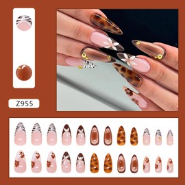 LOPMNGHT Leopard French Tip Press on Nails Almond Shaped Medium Flower False Nails Gold Pearl Design Leopard Nails Full Cover Coffin Nails Artificial Acrylic Nails Stick on Nails for Women 24Pcs