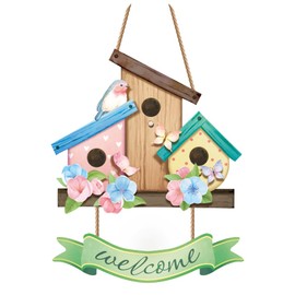 CHDITB Spring Welcome Sign Front Door, Bird Blulmen Spring Wooden Sign Plaque for Door (29 x 20 x 0.5 cm), Warm Welcome Sign Spring Decoration for Home Farmhouse, Welcome Sign