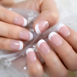 ELEVENAIL Natural Glossy Nude Pink White Press on French False Nails Short Round Fake Nails Tips Salon Manicure Reusable DIY Artificial Nails Art for Women Girls