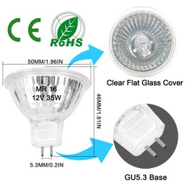 MR16 Halogen Bulb 35W Dimmable 12V GU5.3 Bi-pin Base Spotlight with Long Lifespan, 6 Pack MR16 Bulbs with Clear Glass Cover for Landscape Lights, Track Lights, Fiber Optics, 2700K Warm White