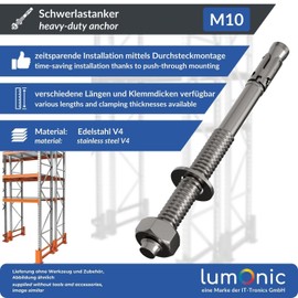 Lumonic Heavy Duty Anchor M10 x 170 Stainless Steel A4 I For Use As A Wedge Anchor, Metal Dowel, Bolt Anchor, Flash Dowel I For Various Types Of Through Stec