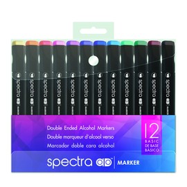 AD Marker Chartpak Spectra, Tri-Nib and Brush Dual-Tip, 12 Assorted Basic Color Set in Plastic Case, 1 Each (SBASIC12AD)