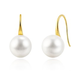 Classic Pearl Drop Earrings, Gold-Plated Hook, White Round Pearls, Lightweight