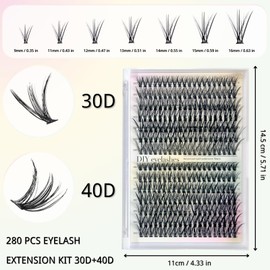 KEYRI 280 Pcs Eyelashes Extension Kit 30D+40D Fluffy Individual Falses Eyelashes DIY Natural Lash Natural Wispy Lashes Reusable Eyelash Extension at Home (Black)