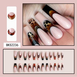 French Tip Press on Nails Long Coffin Fake Nails Leopard Glue on Nails Glossy Acrylic False Nails Cute Full Cover Stick on Nails Black Nail Tips Artificial Nails for Women Nail Art Decorations
