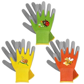 WAWSAM Kids Gardening Gloves 3 Pairs Toddlers Rubber Coated Work Gloves Children Garden Gloves (Orange&Yellow&Green(Insect), Medium (Age 5-7))