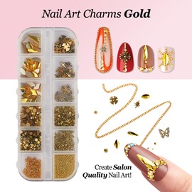 KISS Nail Art Charms & Dual Ended Rhinestone Picker Tool Nail Decoration Set, 3D Jewelry & Gem Kit for Salon Quality Manicure, Supplies & Accessories (Gold)