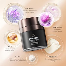 Dermasof La crema facial hidratante rejuvenecedora definitiva posee propiedades antienvejecimiento, antiarrugas, oxidantes y de glicación, facilita la síntesis de ácido hialurónico y mejora la firm