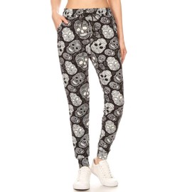 Leggings Depot JGA-S625-S Mustached Skull Print Jogger Pants w/Pockets, Small
