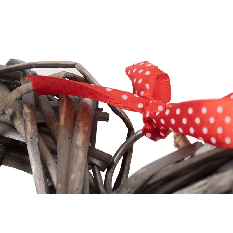 Antique Wash Willow Wide Heart Wreath With Red Spotty Ribbon