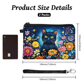 Peacoblue Coin Purse for Women Girls Cat and Flowers 2 Packs Small Change Purse with Zipper, Durable and Soft Canvas Wallet Pouch for Travel, Gift