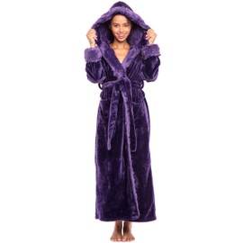 Alexander Del Rossa Women's Faux Fur Feather Hooded Robe, Soft Plush Fleece Bathrobe with Hood, Purple, Small