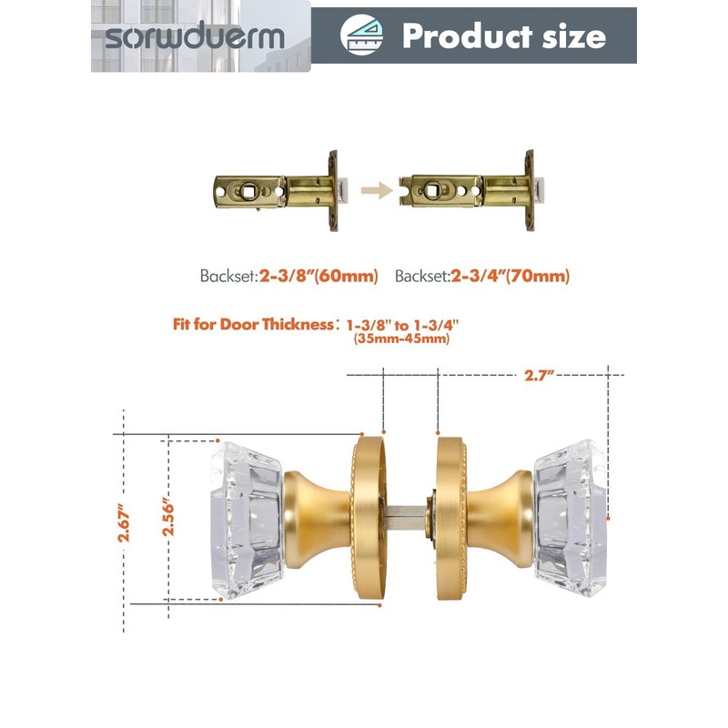 SORWDUERM Gold Door Knobs Crystal Door Knob Brushed Gold Passage