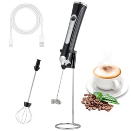 Freebala Handheld Electric Milk Frother with 2 Heads, Coffee Whisk Foam Mixer with USB Rechargeable 3 Speeds, Foam Maker Blender for Latte, Cappuccino, Hot Chocolate, Egg with stand