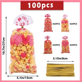 chmacura 100 Pieces Valentines Day Hearts Cellophane Goodie Bag Pink Love Treat Bags Wedding Gift Bag with Twist for Valentine's Day Party Supplies