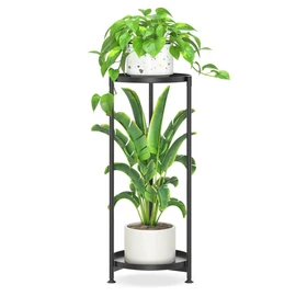 iDavosic.ly 2 Tier Corner Plant Stand Indoor, Tall Vertical Metal Flower Heavy Duty Pot Holder Shelf Outdoor for Patio Porch Living Room, Modern Black - Round