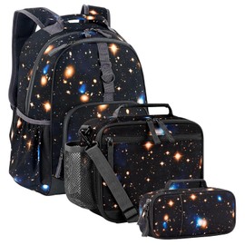 Choco Mocha Galaxy Backpack and Lunch Bag Set for Boys, Kids School Backpack and Lunch Box Set for Elementary School 17 Inch Bookbag, Black