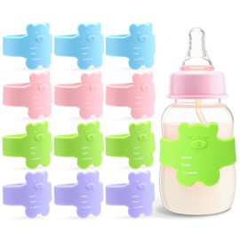 LemonRoad 12 Pcs Bottle Labels Daycare Reusable, Bear Pattern Waterproof Silicone Baby Bottle Labels Sippy Cup Bands Baby Name Tags Daycare(Light Color)