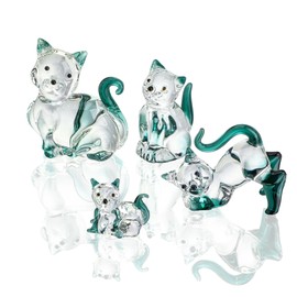 HDCRYSTALGIFTS Blown Glass Cat Figurines Collectibles Pack of 4 Emerald Green Crystal Kitty Animal Statue Kitten Sculpture