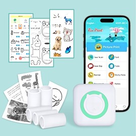 Inkless Mini Thermal Printer for iOS & Android - Print Pod: with 5 Rolls of Thermal Paper, Color Pen, and Bluetooth. White, Portable, Ideal for Printing Photos, etc.
