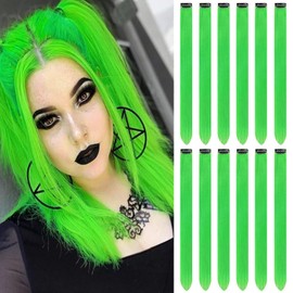 12 PCS Green Hair Extensions Clip in, Colored Party Highlights Extension for Kids Girls Synthetic Hairpiece Straight 22 inch