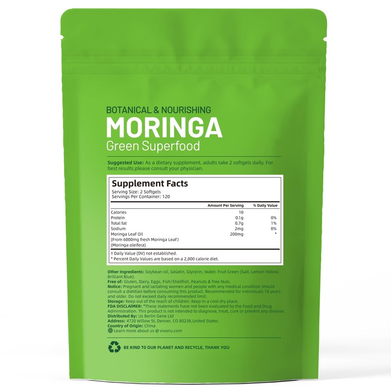 VivoNu Pure Moringa Capsules, Moringa Leaf Extracts, 120 Day Supply,