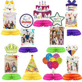 WINPOGEE 9Pcs Colorful Rainbow Happy Birthday Decorations Honeycomb Centerpieces Theme Birthday Photo Table Centerpiece Party Supplies 16th 30th 40th 50th 60th Bday Table Topper for Man Women