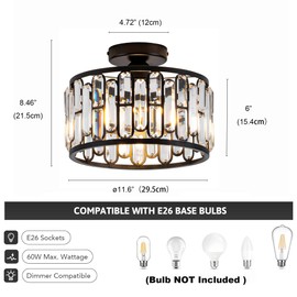 Crystal Black Ceiling Light Fixture - Modern Semi Flush Mount Chandelier with with K9 Crystals for Bathroom Bedroom Entryway Hallway Closet 1 Light 11.6" Diameter